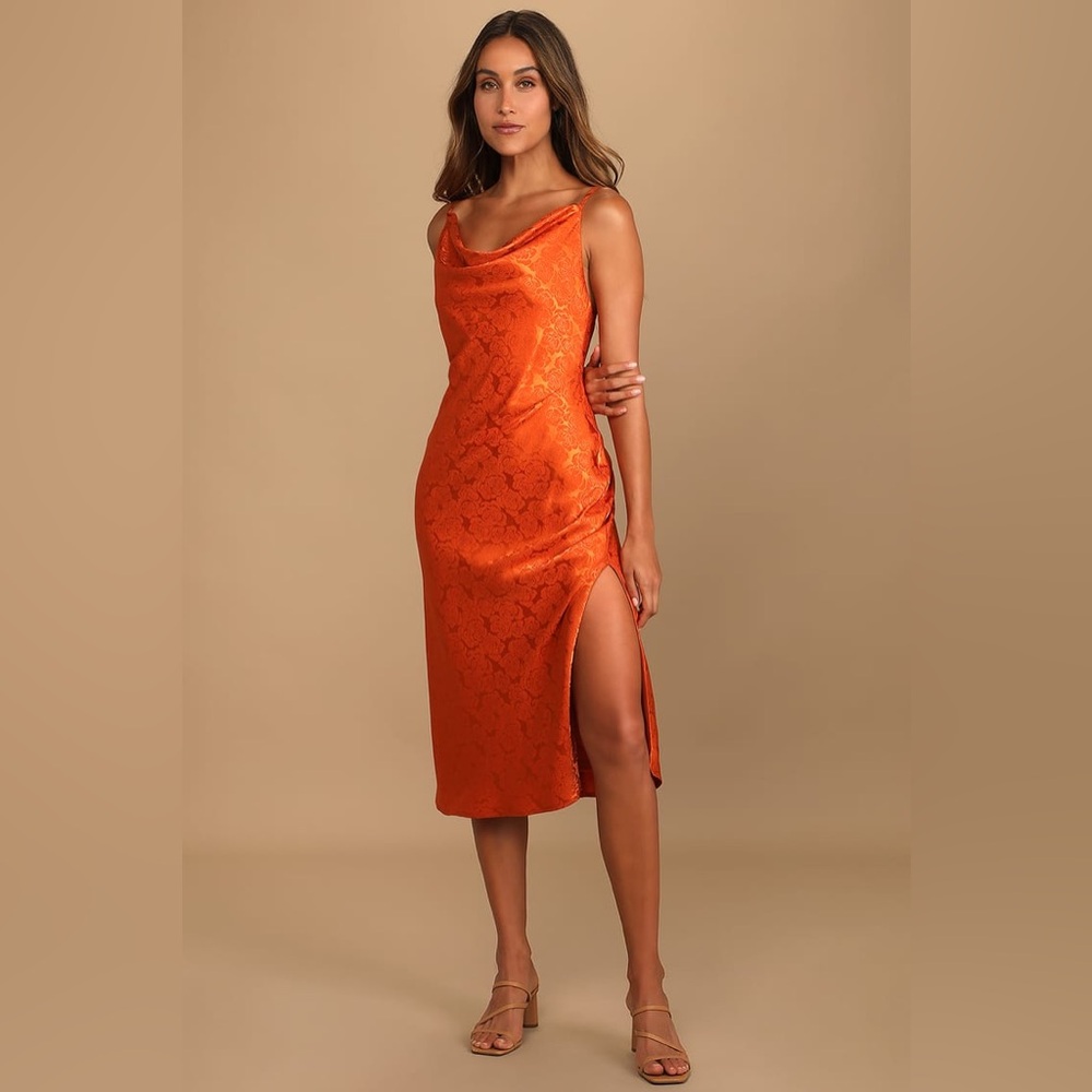 Lulu's You're My Type Rust Orange Satin Jacquard Midi Slip Dress size s